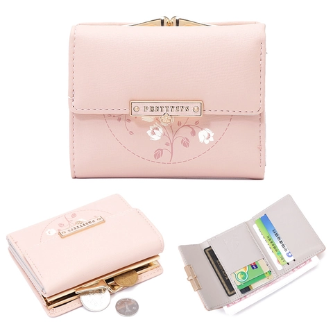 Women's Trifold PU Leather Wallet Floral Print Mini Purse Kiss-lock Coin Pocket Card Holder Multi-functional Small Wallet