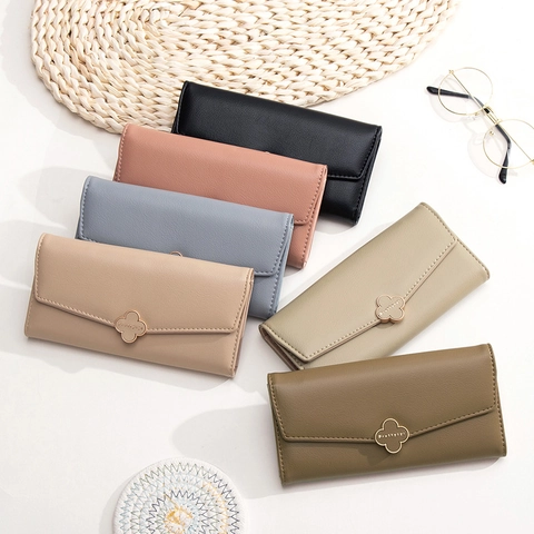 Women Long Wallet PU Leather Clover Metal Clasp Large Capacity Multi Card Slots Clutch Bag Fashion Simple Purse For Ladies