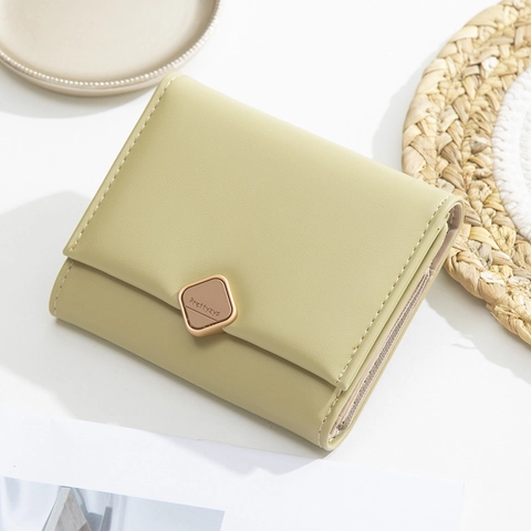 Women's Short Three-fold PU Leather Wallet Minimalist Solid Color Card Holder Coin Purse With Square Hardware Buckle