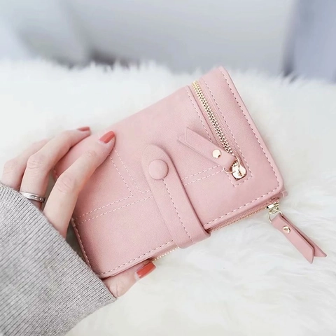 Women's PU Leather Short Folding Wallet Multi-Card Slots Coin Pocket Zipper Buckle Elegant Compact Purse