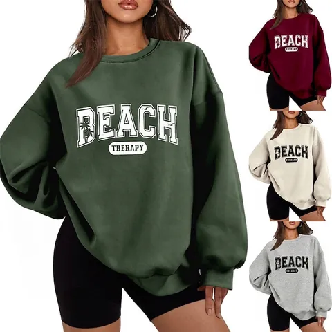 Dames Vintage Beach Therapy Letters Palmboom Print Oversized Ronde Hals Sweatshirt Lange Mouw Verlaagde Schouder Casual Katoenmix Pullover Top