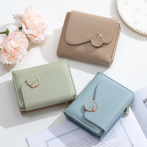 Women Short Wallet PU Leather Litchi Texture Folding Purse With Zipper Pocket Card Slots Metal Ring Buckle Elegant For Daily