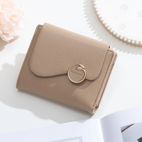 Women Short Wallet PU Leather Litchi Texture Folding Purse With Zipper Pocket Card Slots Metal Ring Buckle Elegant For Daily