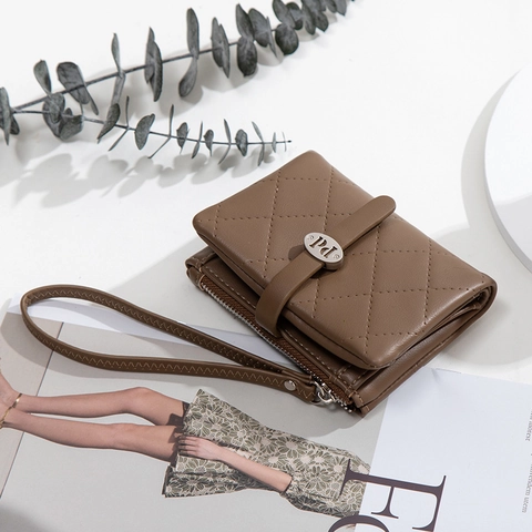 Damen Kleiner Geldbeutel PU Leder Gestepptes Rautenmuster Reißverschluss Schnalle Handschlaufe Viele Kartenfächer Faltbar Elegant