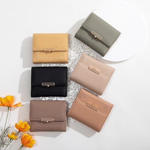 Cartera De Mujer Plegable Cuero PU Bordado De Hojas Decoración Flor Metálica Ranuras Para Tarjetas Compacta Elegante