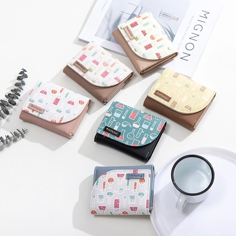 Women Trifold Short Wallet PU Leather Laboratory Science Print Snap Button Coin Purse Cute Student Card Holder