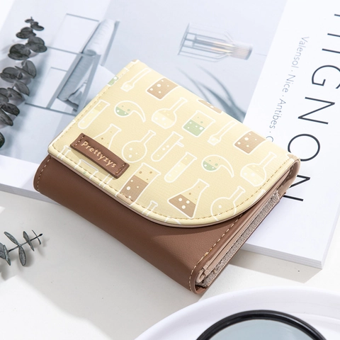 Women Trifold Short Wallet PU Leather Laboratory Science Print Snap Button Coin Purse Cute Student Card Holder