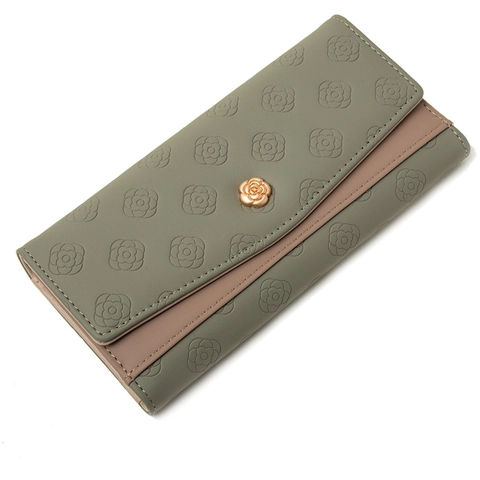 Long Portefeuille Élégant En Cuir PU Pliable Grande Capacité Pochette Motif Fleur Gaufré Boucle Métallique Florale