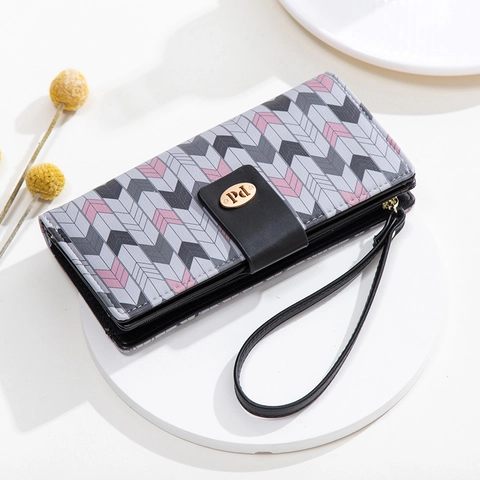 Portefeuille Long Femme en Cuir PU Style Coréen Imprimé Chevron Géométrique Pochette Avec Dragonne Grande Capacité Cadeau