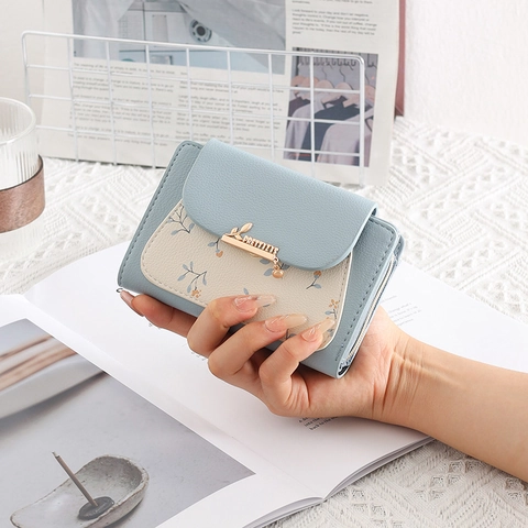 Portefeuille Femme en Cuir PU Imprimé Floral Style Coréen Boucle en Métal Feuille Pochette Moyenne Pliable Emplacements Cartes