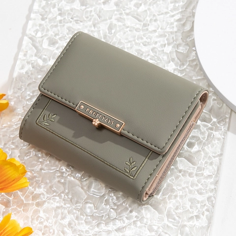 Cartera De Mujer Plegable Cuero PU Bordado De Hojas Decoración Flor Metálica Ranuras Para Tarjetas Compacta Elegante