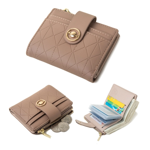 Portafoglio Corto Da Donna In Pelle PU Trapuntato Motivo A Diamante Pieghevole Porta Carte Multifunzionale Con Tasca Monete Cerniera Fibbia Metallo