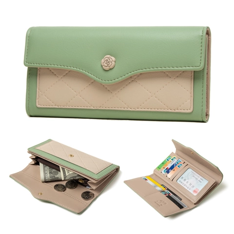 Portafoglio Lungo da Donna in Pelle PU Trapuntato a Contrasto Pochette Slot per Più Carte Fiore di Camelia Stile Coreano Borsa Regalo