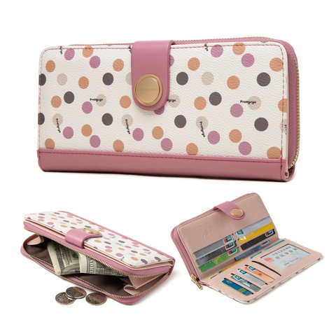Women Long Polka Dot Wallet Fashion PU Leather Zipper Buckle Clutch Bag Multi Card Slot Money Purse For Daily Use