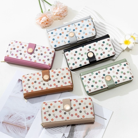 Women Long Polka Dot Wallet Fashion PU Leather Zipper Buckle Clutch Bag Multi Card Slot Money Purse For Daily Use