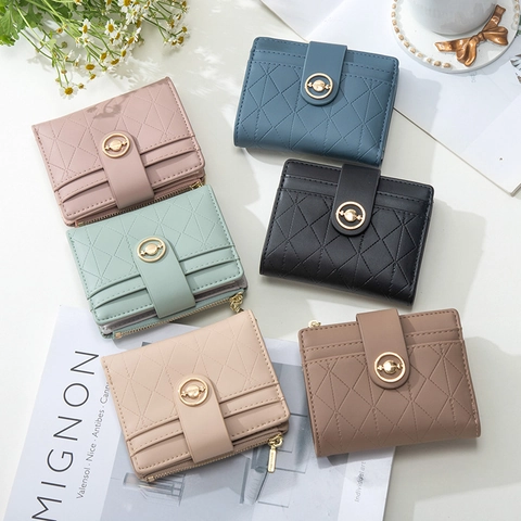Portafoglio Corto Da Donna In Pelle PU Trapuntato Motivo A Diamante Pieghevole Porta Carte Multifunzionale Con Tasca Monete Cerniera Fibbia Metallo