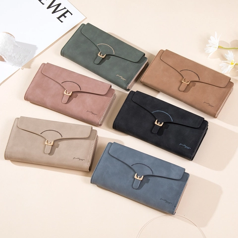 Women Long Wallet Frosted PU Leather Multi Functional Card Slots Zipper Clutch Bag Vintage Envelope Design