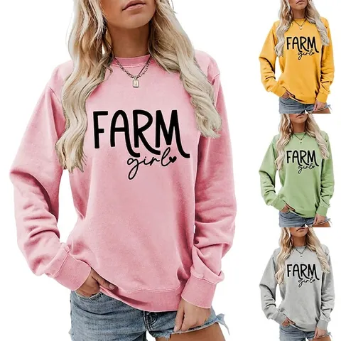Felpa da Donna in Misto Cotone Casual Girocollo Manica Lunga Farm Girl Stampa Lettere Pullover Vestibilità Comoda