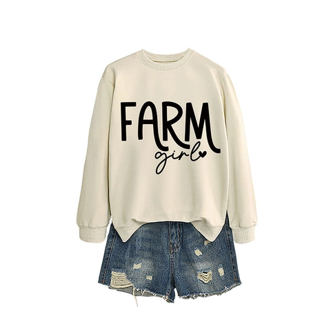 Felpa da Donna in Misto Cotone Casual Girocollo Manica Lunga Farm Girl Stampa Lettere Pullover Vestibilità Comoda