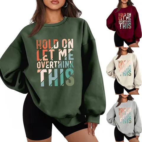 Sweat-shirt Décontracté en Mélange de Coton Doublé Polaire pour Femmes Col Rond Manches Longues Oversize Imprimé Lettres