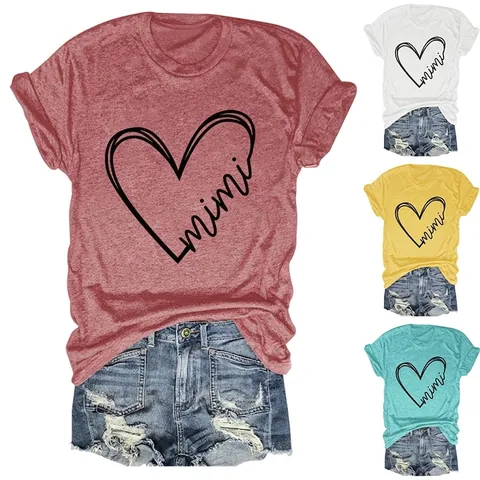 Dames Casual Katoenmix Ronde Hals Korte Mouw T-Shirt Met Hart Mimi Letter Print Zomer Losse Pasvorm Grafische Top