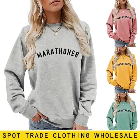Felpa Donna Marathoner Stampa Lettere Girocollo Manica Lunga Pullover Cotone Poliestere Casual Sportivo Streetwear Top