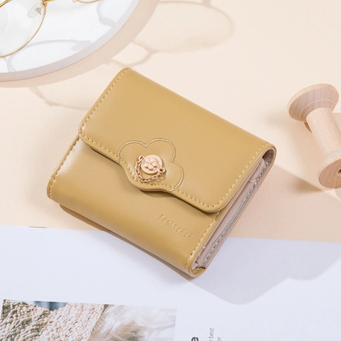 Cartera Corta de Cuero PU Dulce para Mujer Tríptico Hebilla de Flor Color Sólido Mini Monedero Portatarjetas Portátil