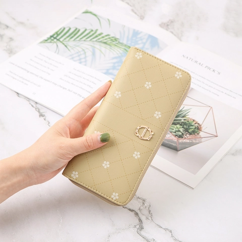 Damen PU-Leder Lange Geldbörse Gestepptes Blumenmuster Metall Blattschnalle Rundum-Reißverschluss Große Kapazität Multifunktionale Handtasche Clutch