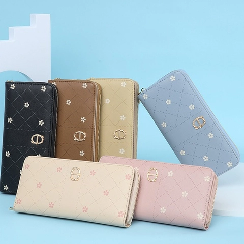 Damen PU-Leder Lange Geldbörse Gestepptes Blumenmuster Metall Blattschnalle Rundum-Reißverschluss Große Kapazität Multifunktionale Handtasche Clutch