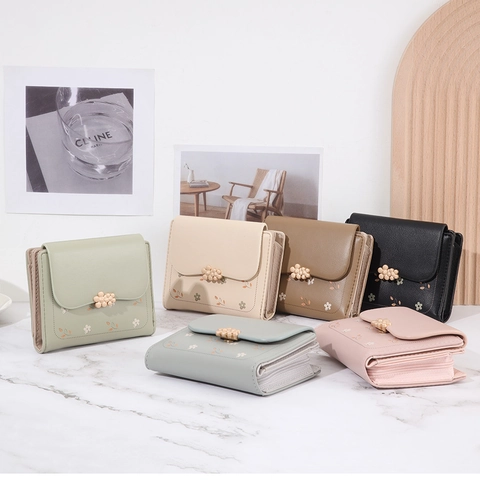 Women Short Wallet PU Leather Floral Print Flower Buckle Trifold Zip Coin Pocket Sweet Elegant Ladies Purse