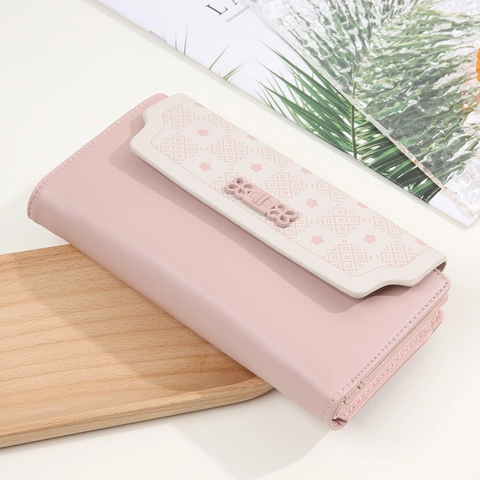 Portafoglio Lungo Donna Pelle PU Goffrata Motivo Floreale Quadri Slot Carte Patta Fibbia Fiore Stile Coreano