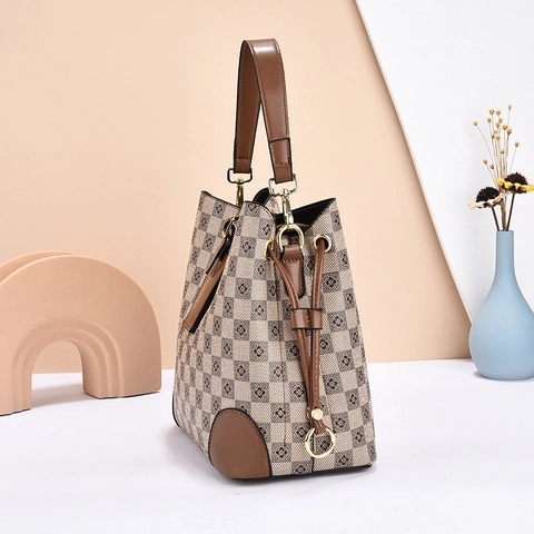 Bolso De Hombro De Cubo Cuero PU Estampado De Cuadros Color De Contraste Correa Ancha Jacquard Vintage Para Mujer