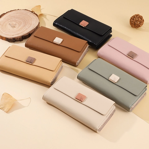Portafoglio Lungo Donna Pelle PU Grande Capacità Molte Fessure Per Carte Pochette Pieghevole Fibbia Foglia