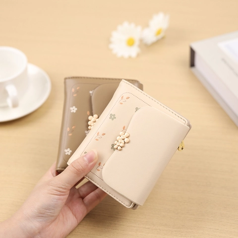 Women Short Wallet PU Leather Floral Print Flower Buckle Trifold Zip Coin Pocket Sweet Elegant Ladies Purse
