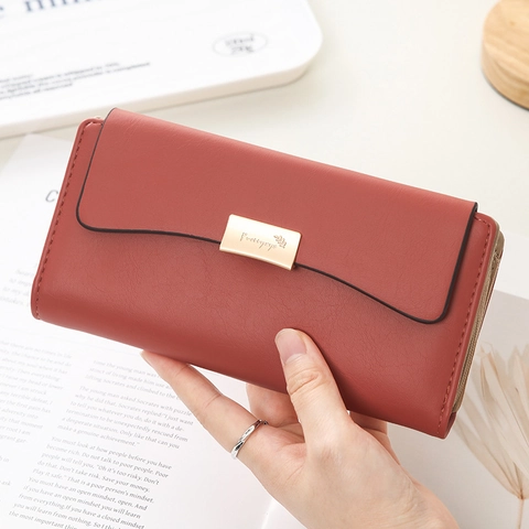 Women Long Wallet PU Leather Tri-fold Card Holder Zipper Clutch Phone Bag Solid Color Elegant Metal Clasp