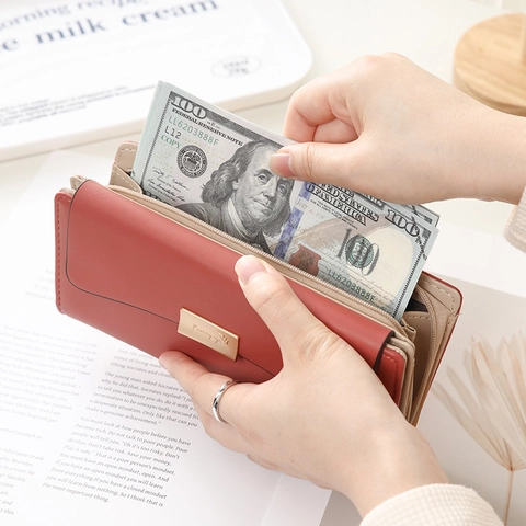 Women Long Wallet PU Leather Tri-fold Card Holder Zipper Clutch Phone Bag Solid Color Elegant Metal Clasp