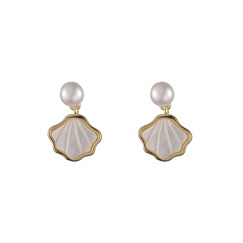 Boucles D'Oreilles Pendantes Nacre Et Perles D'Eau Douce Forme Éventail Tige Argent Sterling 925 Cuivre Femmes