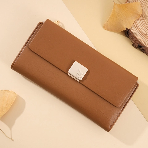 Portafoglio Lungo Donna Pelle PU Grande Capacità Molte Fessure Per Carte Pochette Pieghevole Fibbia Foglia