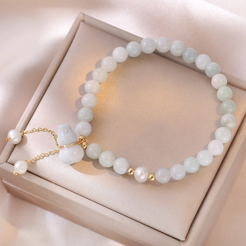 Barock Süßwasserperlen Armband Mit Grünen Chalzedon Perlen Vergoldeter Kürbis Anhänger Retro Chinesischer Stil Schmuck Damen