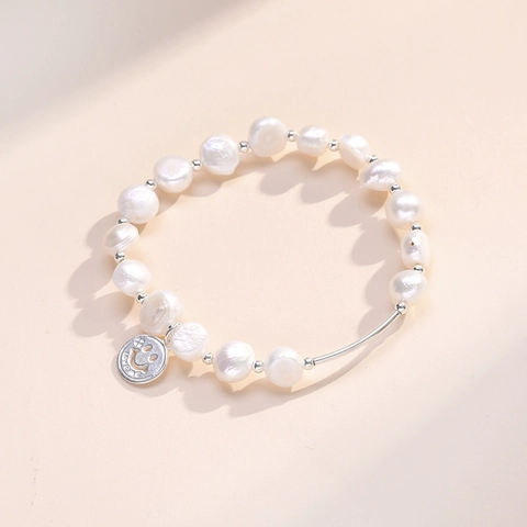 Pulsera De Perlas De Agua Dulce Barrocas Con Colgante De Cara Sonriente En Plata De Ley 925 Joyería De Perlas Para Mujeres