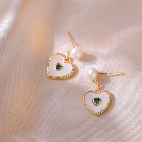 Heart Shell Drop Earrings With 925 Sterling Silver Earring Post Copper Green Zircon Artificial Pearl Korean Elegant Women Accessory
