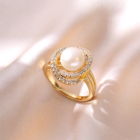 Freshwater Pearl Zircon Flower Open Ring Adjustable Golden Elegant Korean Style Jewelry For Women