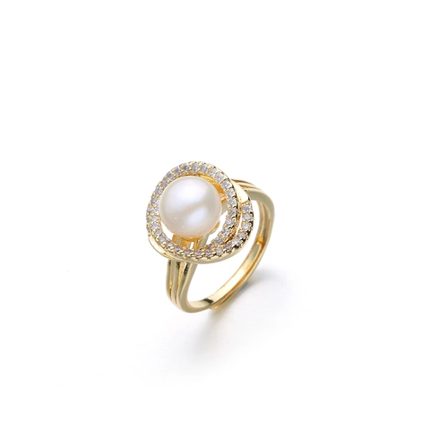 Freshwater Pearl Zircon Flower Open Ring Adjustable Golden Elegant Korean Style Jewelry For Women