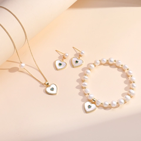 Französisches Vintage Herz Muschel Schmuckset Edelstahl Vergoldet Süßwasserperle Halskette Ohrringe Armband Mit Grünem Zirkonia Schmuck Für Damen