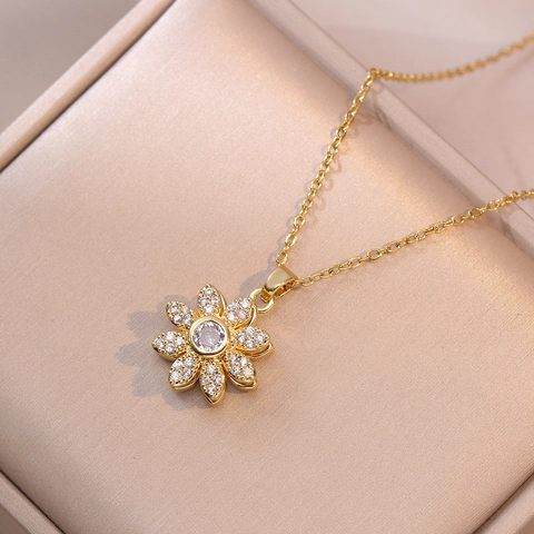 Modische Rotierende Sonnenblume Zirkonia Anhänger Halskette Für Damen Vergoldeter Edelstahl Blumen Schlüsselbeinkette Schmuck