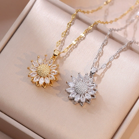 Stainless Steel Rotating Sunflower Pendant Necklace Zirconia Inlaid Gold Silver Botanical Fashion Jewelry For Women Daily Gift
