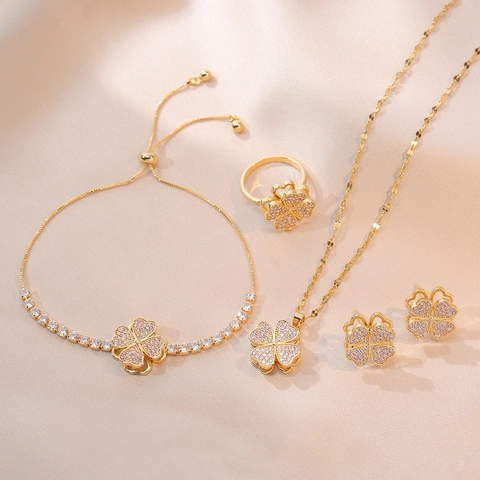 Rotating Heart Four Leaf Clover Necklace Set Stainless Steel Zirconia Pendant Bracelet Earrings Ring Elegant Jewelry For Women