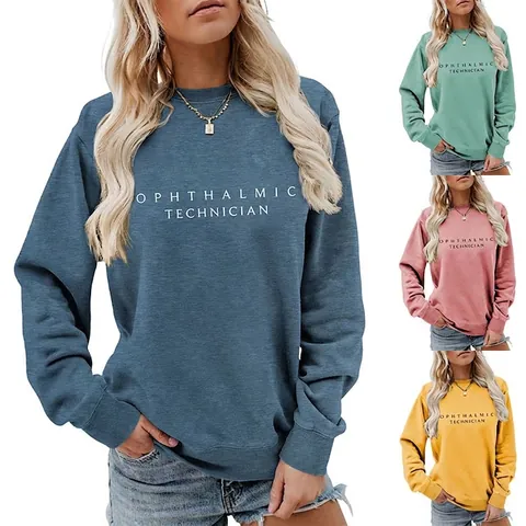 Sweat-shirt Femme Décontracté Imprimé Ophthalmic Technician Col Rond Manches Longues Mélange Coton Pull Coupe Large Top Mode