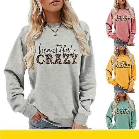 Felpa Da Donna Misto Cotone Girocollo Manica Lunga Pullover Ampio Stampa Lettere Leopardata Top Moda Casual