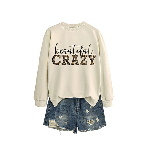 Felpa Da Donna Misto Cotone Girocollo Manica Lunga Pullover Ampio Stampa Lettere Leopardata Top Moda Casual